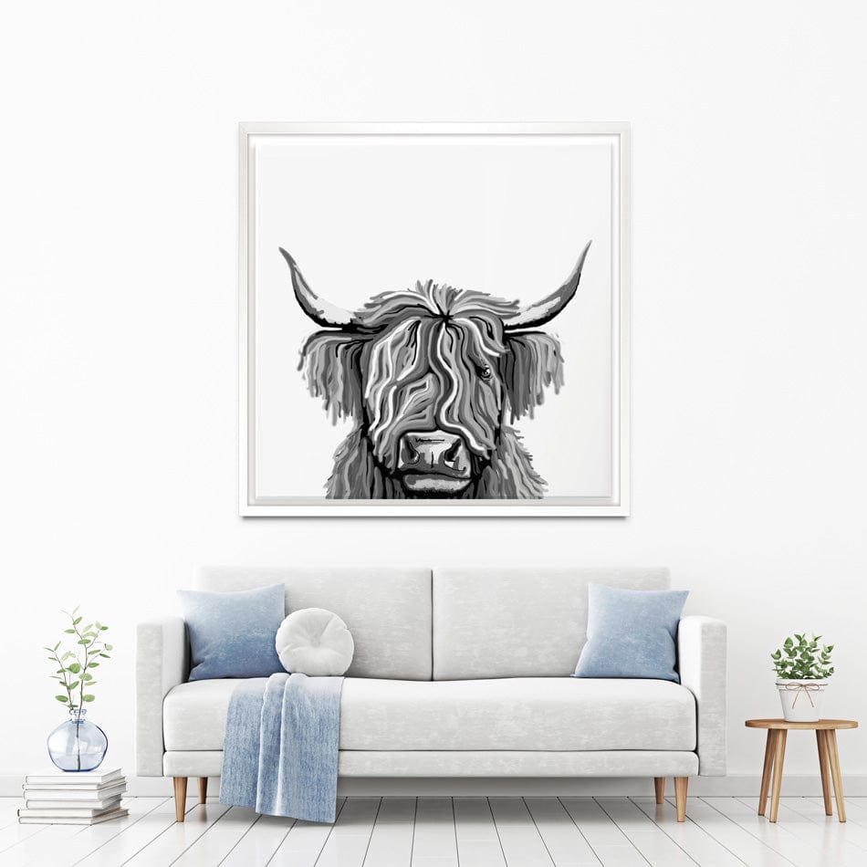 Monochrome Highland Cow Square Canvas Print wall art product Independent