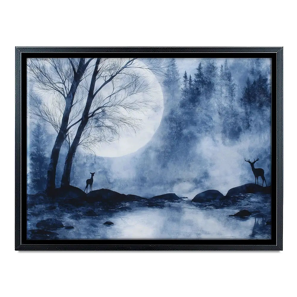 Moonlit Forest River With Deer Silhouettes Canvas Print Moonlit Forest River With Deer Silhouettes Canvas Print wall art product Chromatic Storm Studio