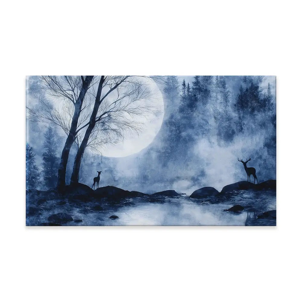 Moonlit Forest River With Deer Silhouettes Canvas Print Moonlit Forest River With Deer Silhouettes Canvas Print wall art product Chromatic Storm Studio