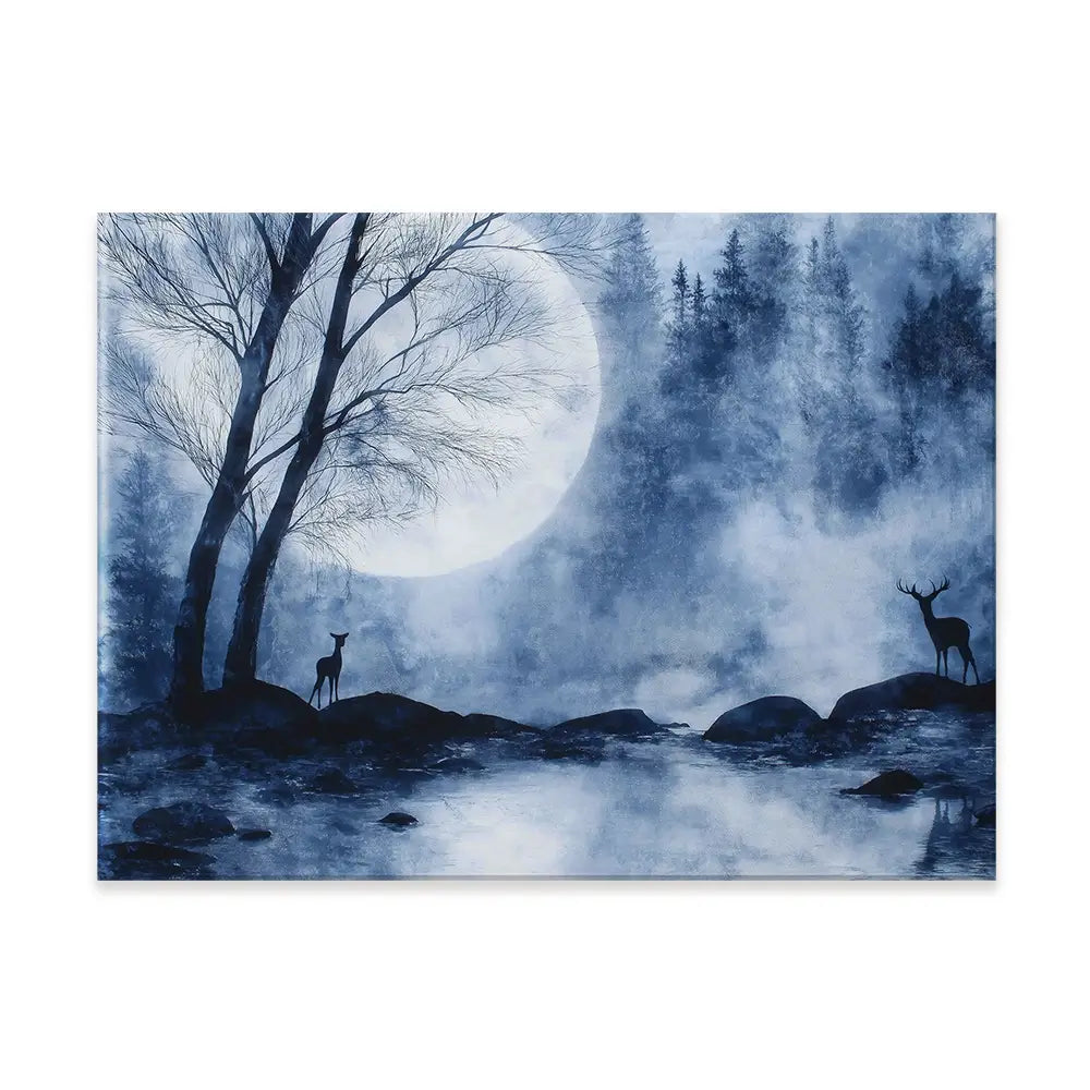 Moonlit Forest River With Deer Silhouettes Canvas Print Moonlit Forest River With Deer Silhouettes Canvas Print wall art product Chromatic Storm Studio