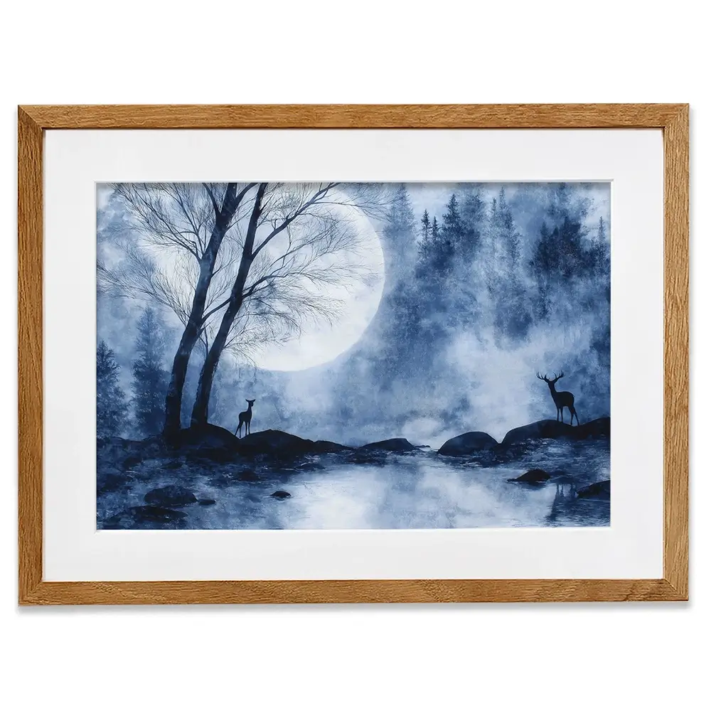 Moonlit Forest River With Deer Silhouettes Framed Art Print Moonlit Forest River With Deer Silhouettes Framed Art Print wall art product Chromatic Storm Studio