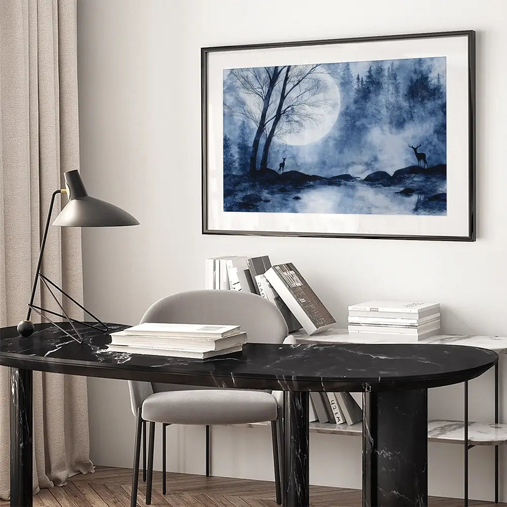 Moonlit Forest River With Deer Silhouettes Framed Art Print Moonlit Forest River With Deer Silhouettes Framed Art Print wall art product Chromatic Storm Studio