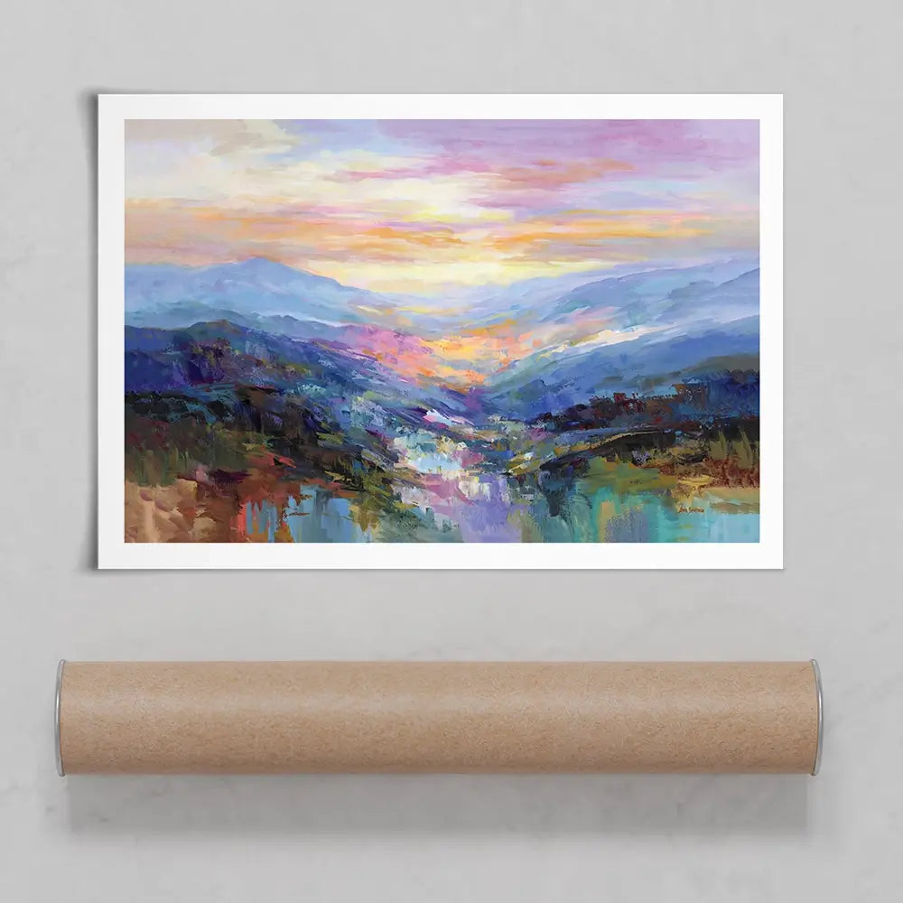 Mountains In A Serene Valley Art Print Mountains In A Serene Valley Art Print wall art product Leon Devenice
