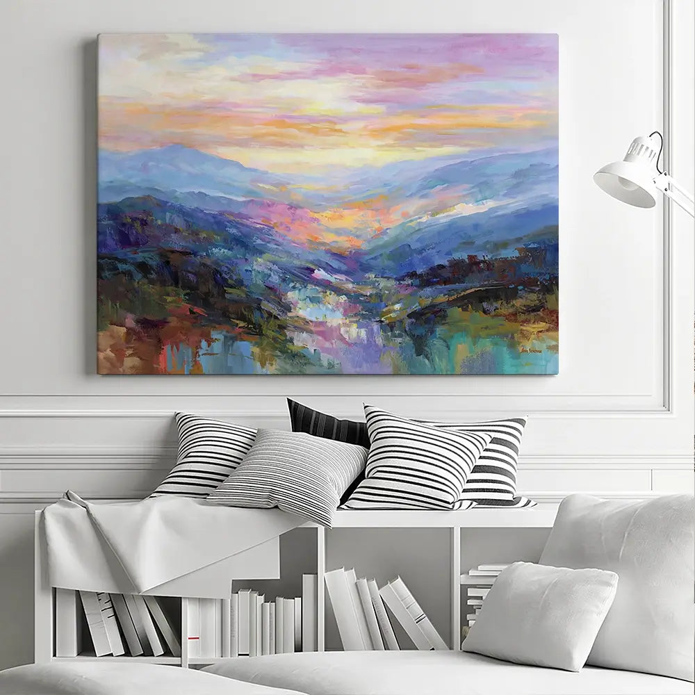 Mountains In A Serene Valley Canvas Print Mountains In A Serene Valley Canvas Print wall art product Leon Devenice