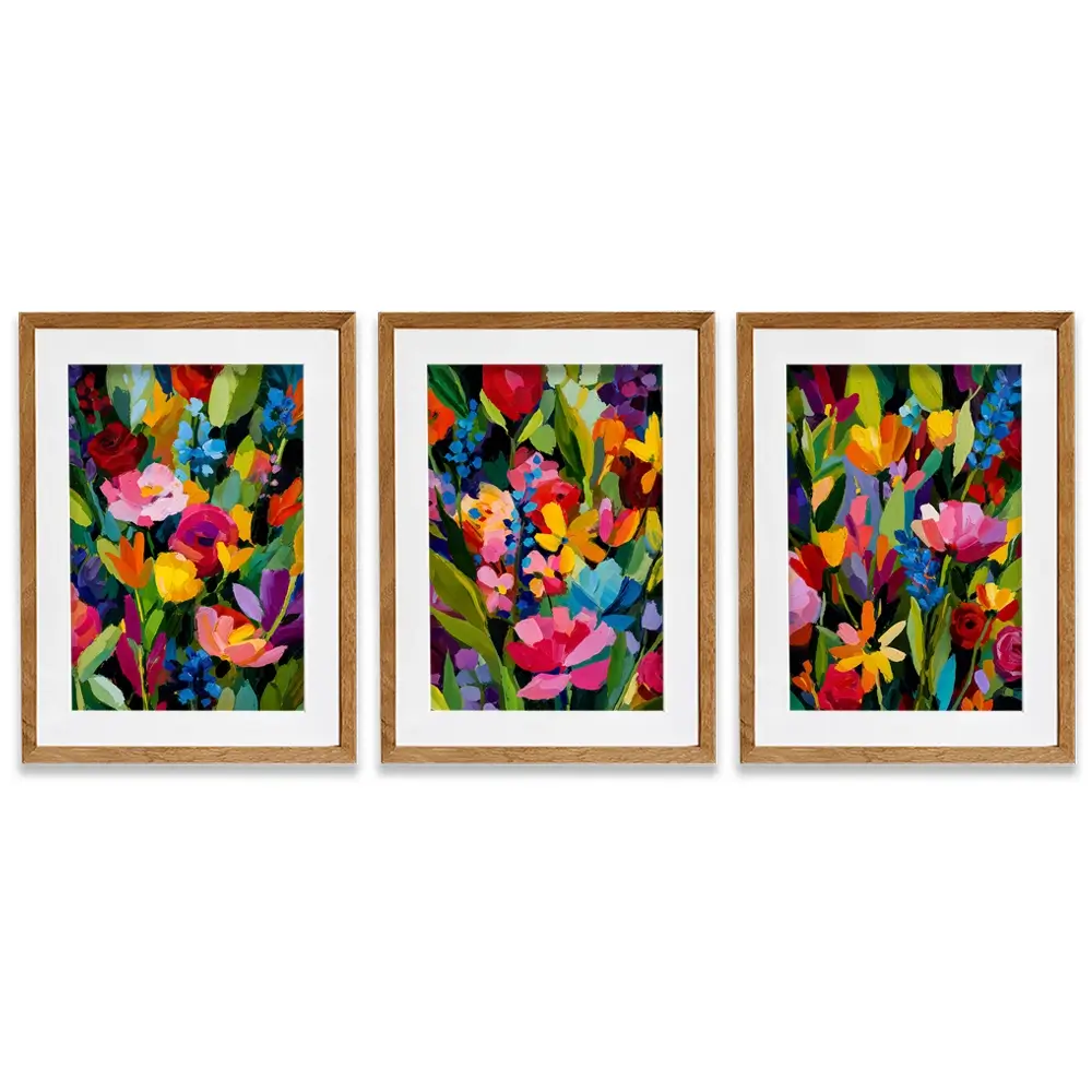 Multicoloured Floral Madness Framed Art Print Trio Multicoloured Floral Madness Framed Art Print Trio wall art product IAmHomeStudio