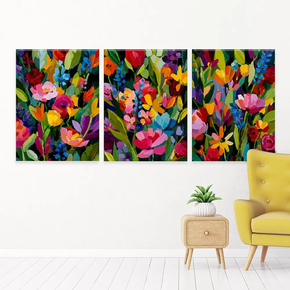 Multicoloured Floral Madness Trio Canvas Print Multicoloured Floral Madness Trio Canvas Print wall art product IAmHomeStudio