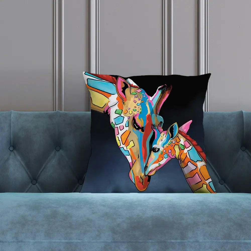 Multicoloured Giraffe And Calf Cushion Multicoloured Giraffe And Calf Cushion wall art product Art Print Shop