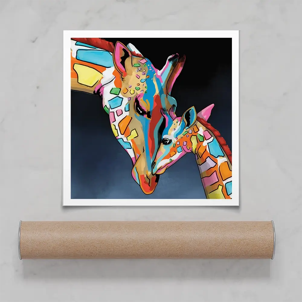 Multicoloured Giraffe And Calf Square Art Print Multicoloured Giraffe And Calf Square Art Print wall art product Art Print Shop