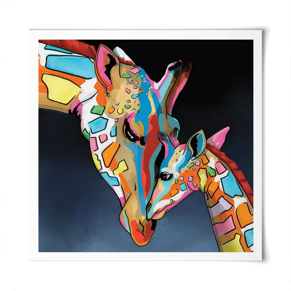 Multicoloured Giraffe And Calf Square Art Print Multicoloured Giraffe And Calf Square Art Print wall art product Art Print Shop
