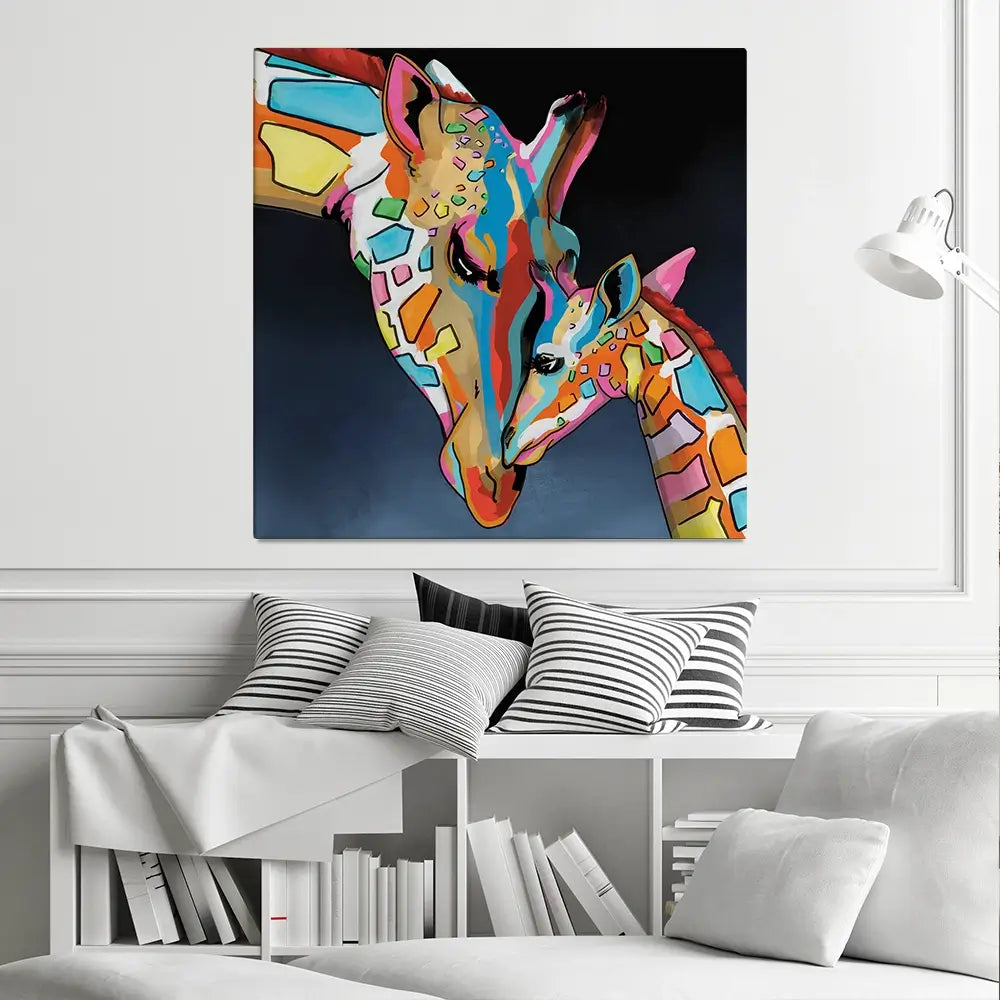 Multicoloured Giraffe And Calf Square Canvas Print Multicoloured Giraffe And Calf Square Canvas Print wall art product Art Print Shop