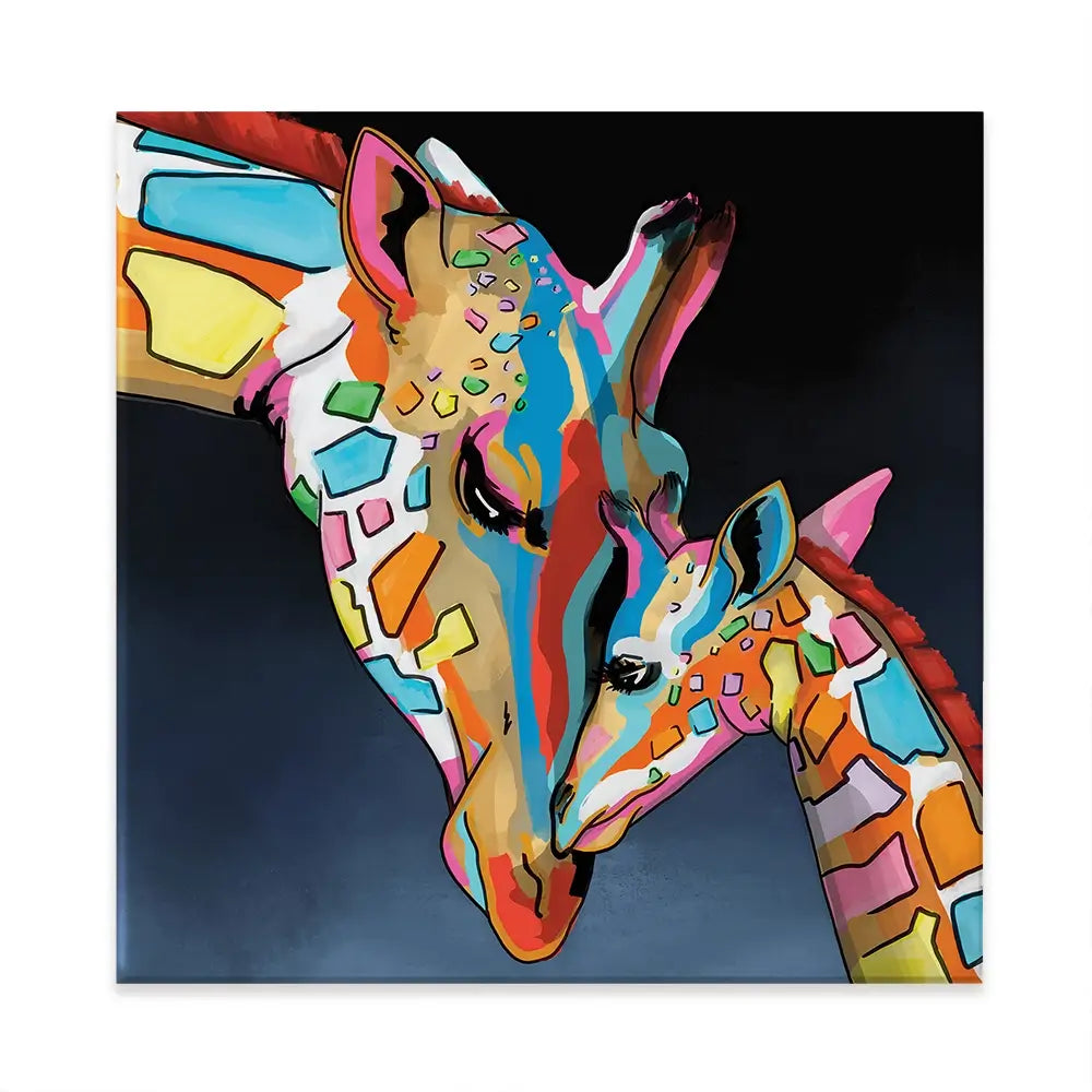 Multicoloured Giraffe And Calf Square Canvas Print Multicoloured Giraffe And Calf Square Canvas Print wall art product Art Print Shop