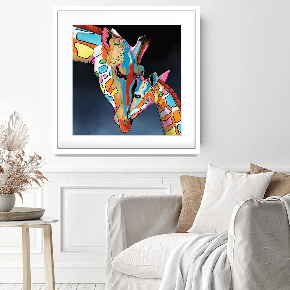 Multicoloured Giraffe And Calf Square Framed Art Print Multicoloured Giraffe And Calf Square Framed Art Print wall art product Art Print Shop