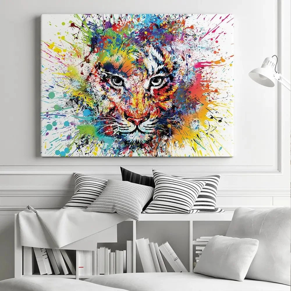 Multicoloured Tiger Paint Splash Canvas Print Multicoloured Tiger Paint Splash Canvas Print | Colourful Tiger Canvas wall art product ARTEMENKO VALENTYN / Shutterstock