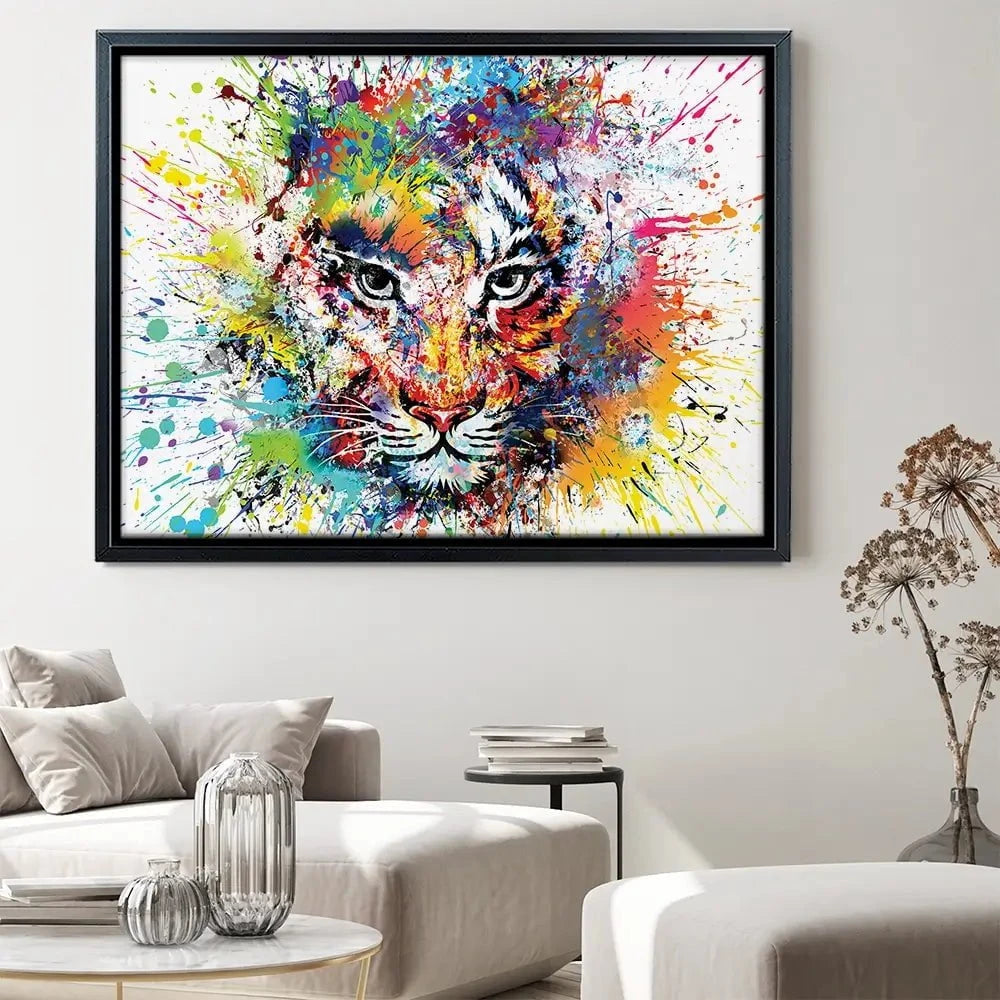 Multicoloured Tiger Paint Splash Canvas Print Multicoloured Tiger Paint Splash Canvas Print | Colourful Tiger Canvas wall art product ARTEMENKO VALENTYN / Shutterstock