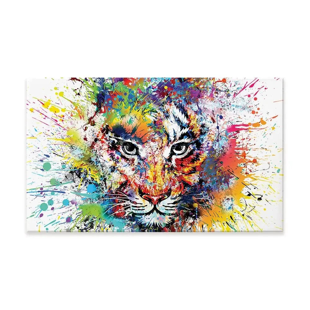 Multicoloured Tiger Paint Splash Canvas Print Multicoloured Tiger Paint Splash Canvas Print | Colourful Tiger Canvas wall art product ARTEMENKO VALENTYN / Shutterstock