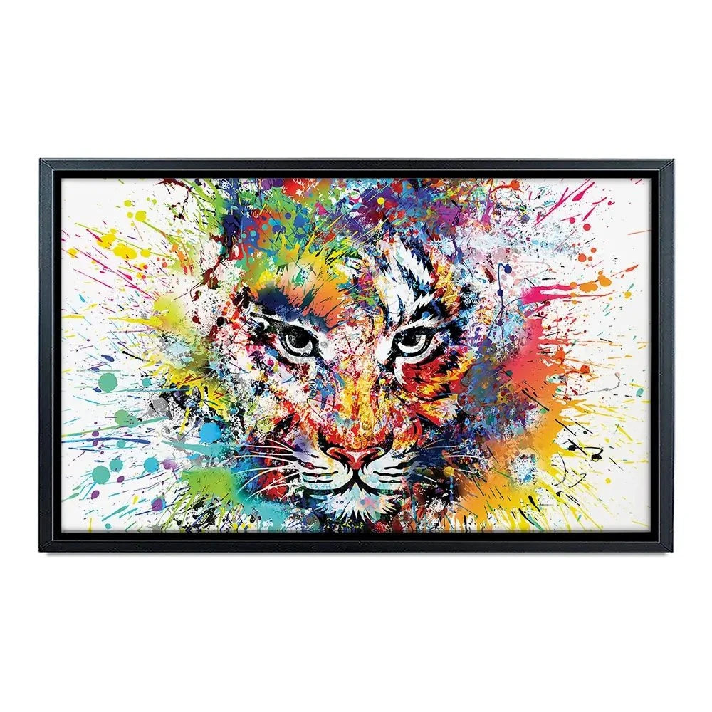 Multicoloured Tiger Paint Splash Canvas Print Multicoloured Tiger Paint Splash Canvas Print | Colourful Tiger Canvas wall art product ARTEMENKO VALENTYN / Shutterstock