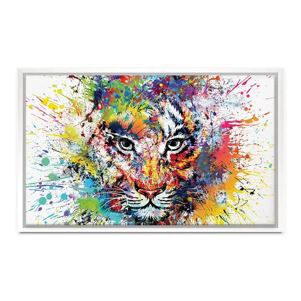 Multicoloured Tiger Paint Splash Canvas Print Multicoloured Tiger Paint Splash Canvas Print | Colourful Tiger Canvas wall art product ARTEMENKO VALENTYN / Shutterstock