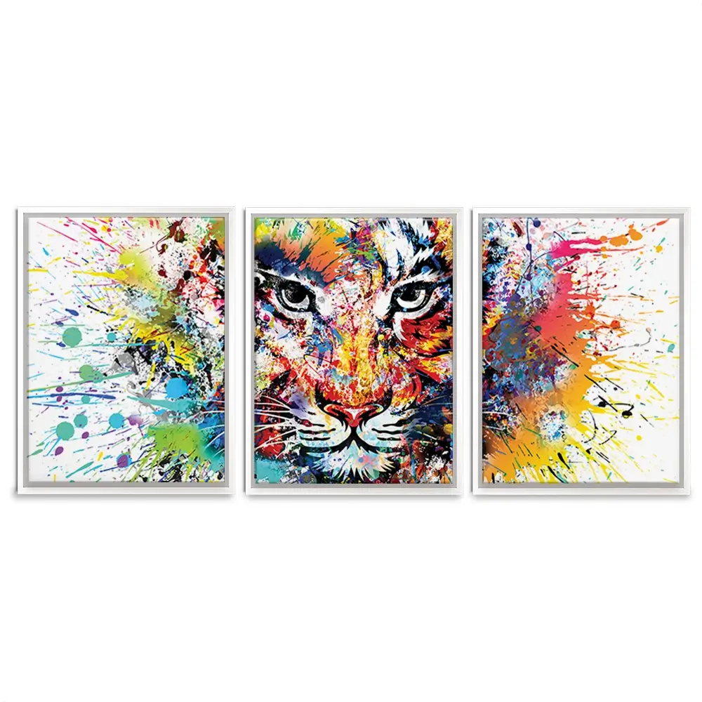 Multicoloured Tiger Paint Splash Trio Canvas Print Multicoloured Tiger Paint Splash Trio Canvas Print wall art product ARTEMENKO VALENTYN / Shutterstock