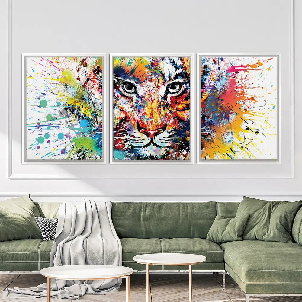 Multicoloured Tiger Paint Splash Trio Canvas Print Multicoloured Tiger Paint Splash Trio Canvas Print wall art product ARTEMENKO VALENTYN / Shutterstock