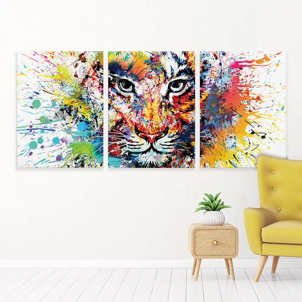 Multicoloured Tiger Paint Splash Trio Canvas Print Multicoloured Tiger Paint Splash Trio Canvas Print wall art product ARTEMENKO VALENTYN / Shutterstock