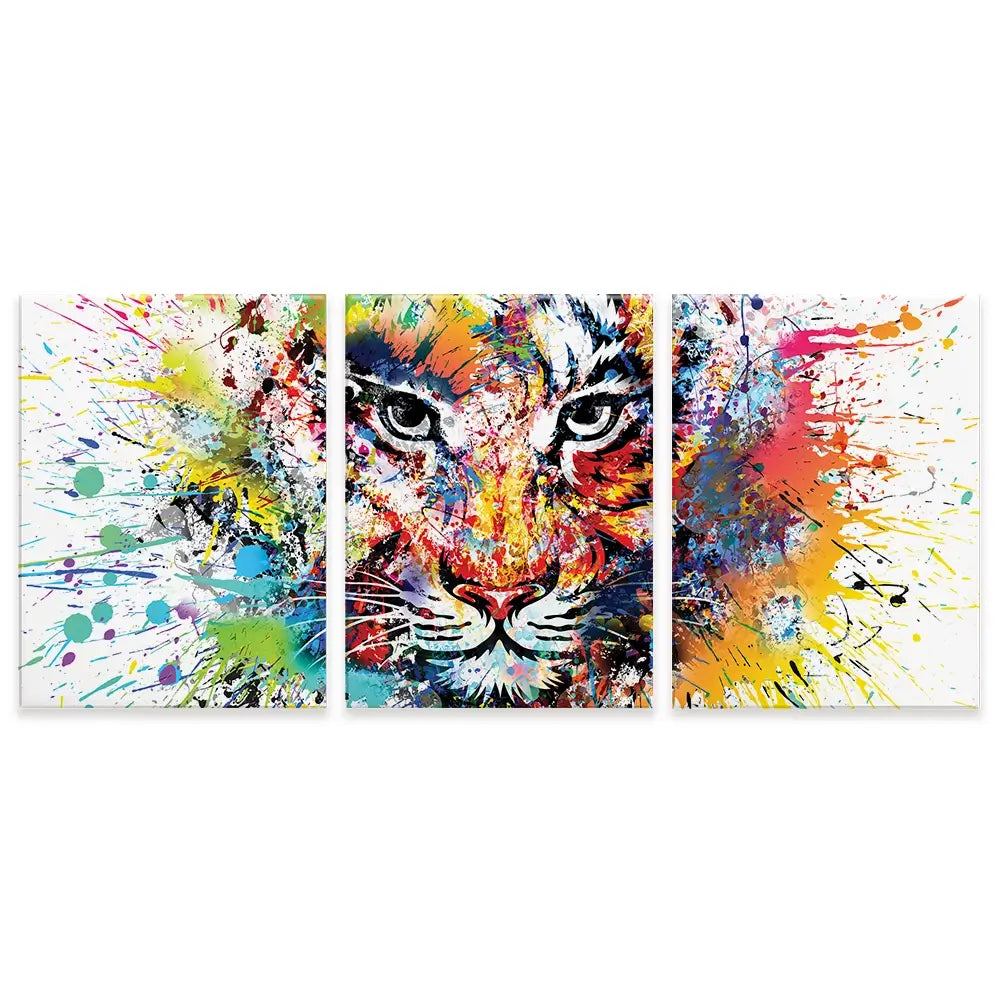 Multicoloured Tiger Paint Splash Trio Canvas Print Multicoloured Tiger Paint Splash Trio Canvas Print wall art product ARTEMENKO VALENTYN / Shutterstock