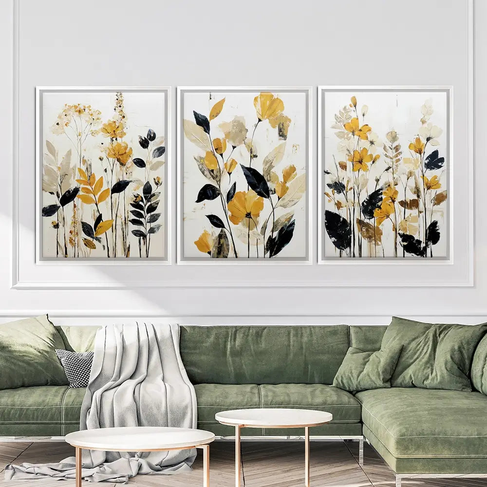Mustard Floral Trio Canvas Print Mustard Floral Trio Canvas Print wall art product IAmHomeStudio