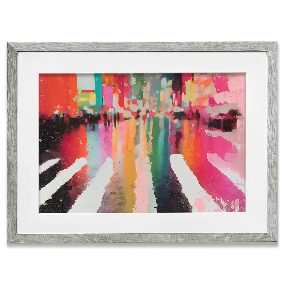 Neon Rain Crosswalk Framed Art Print Neon Rain Crosswalk Framed Art Print wall art product Chromatic Storm Studio