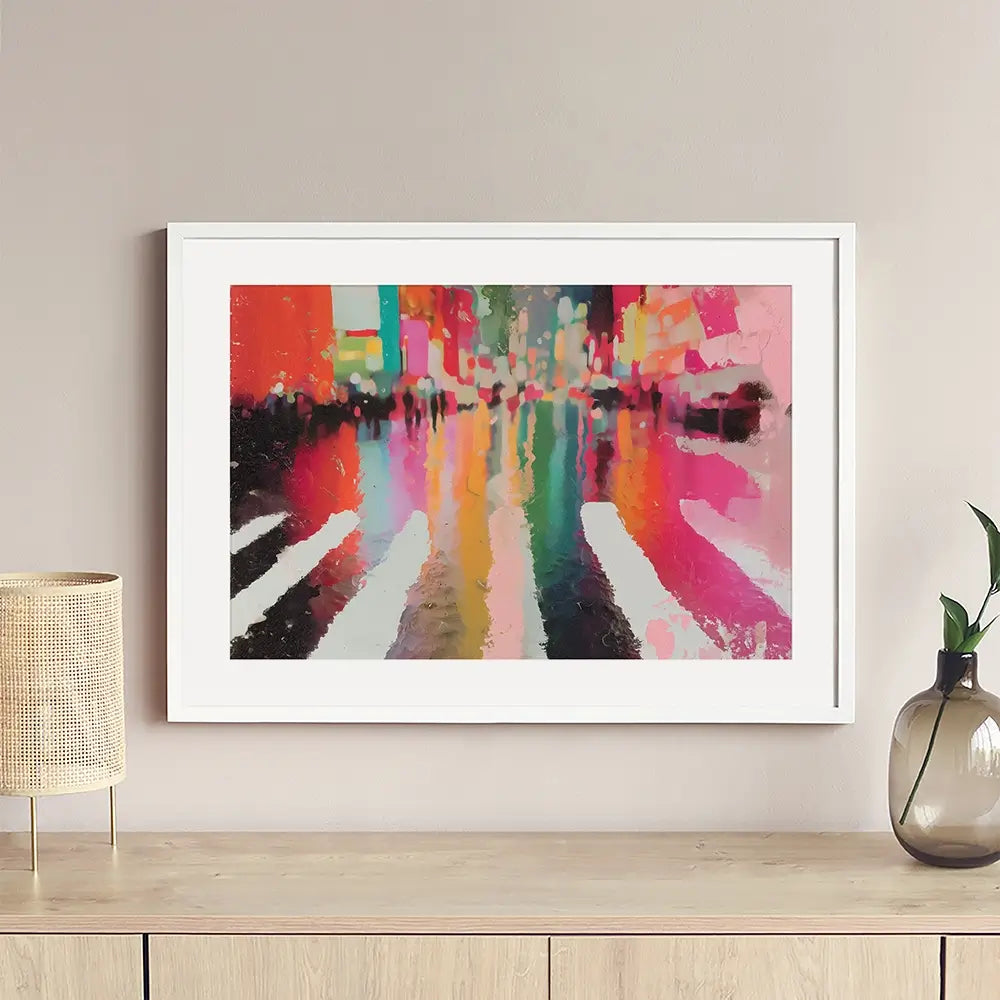 Neon Rain Crosswalk Framed Art Print Neon Rain Crosswalk Framed Art Print wall art product Chromatic Storm Studio