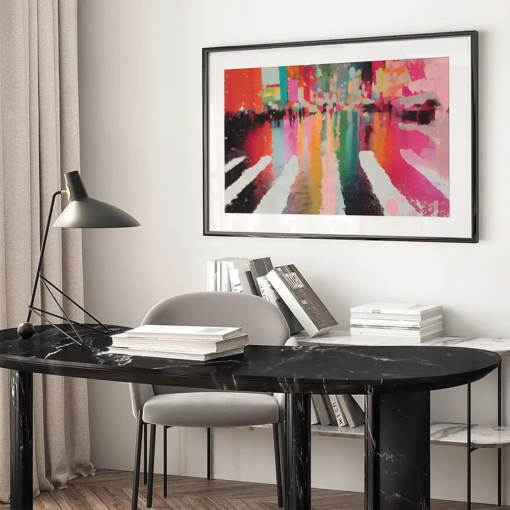 Neon Rain Crosswalk Framed Art Print Neon Rain Crosswalk Framed Art Print wall art product Chromatic Storm Studio