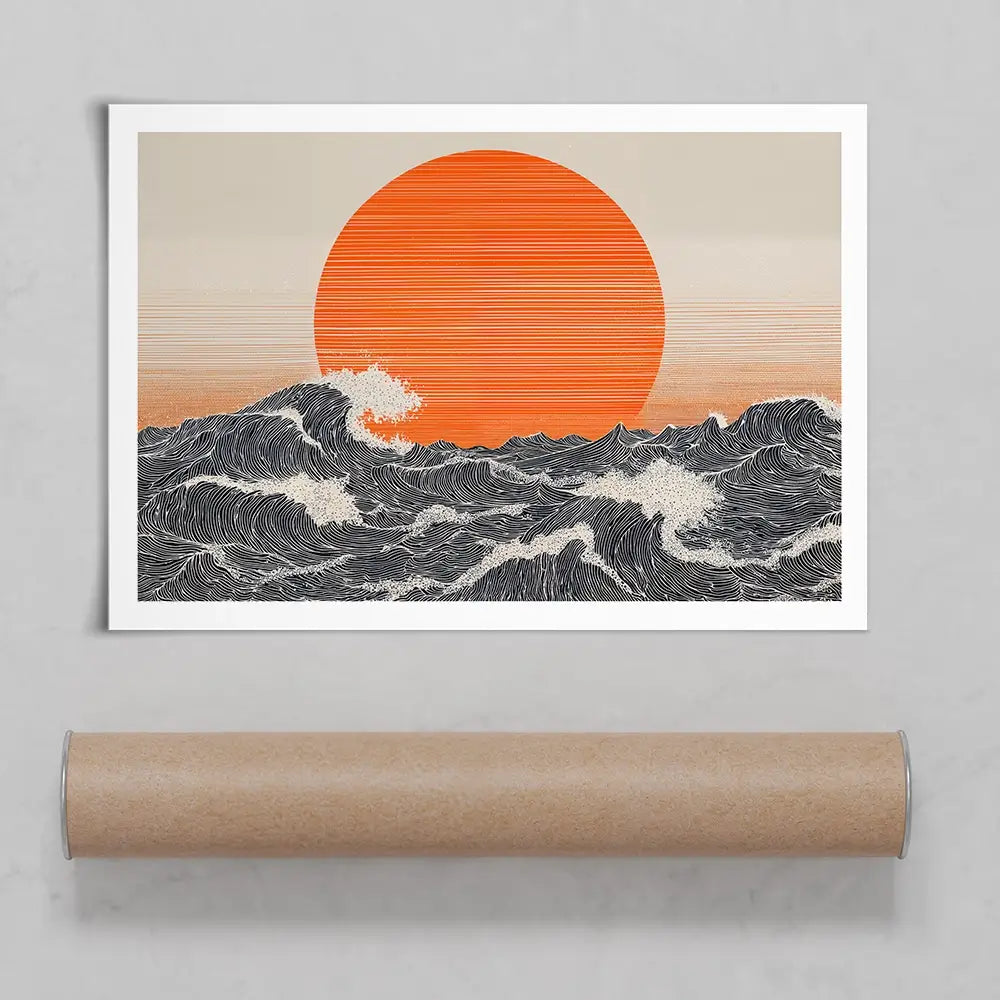 Orange Moon And The Waves Art Print Orange Moon And The Waves Art Print wall art product IAmHomeStudio