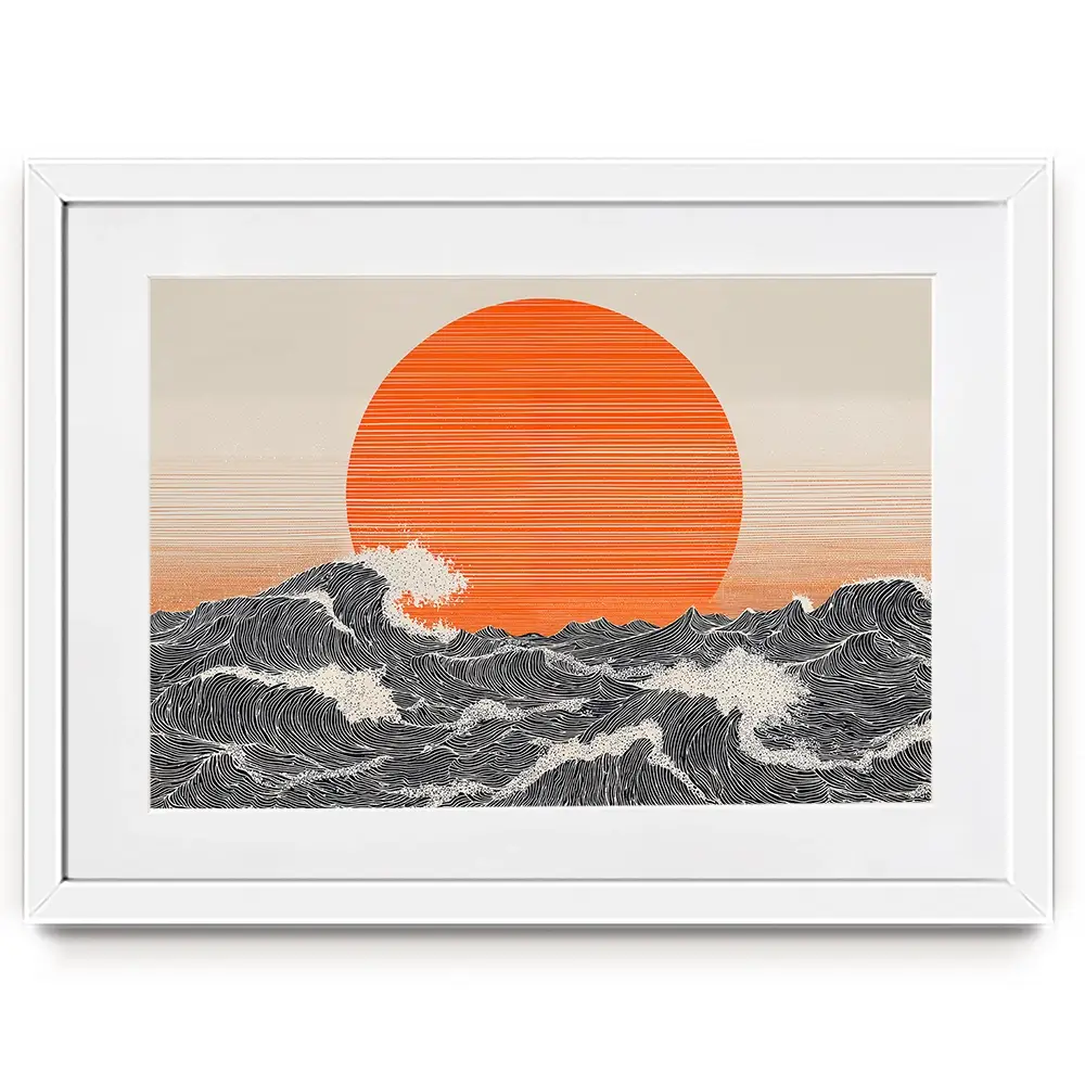 Orange Moon And The Waves Framed Art Print Orange Moon And The Waves Framed Art Print wall art product IAmHomeStudio