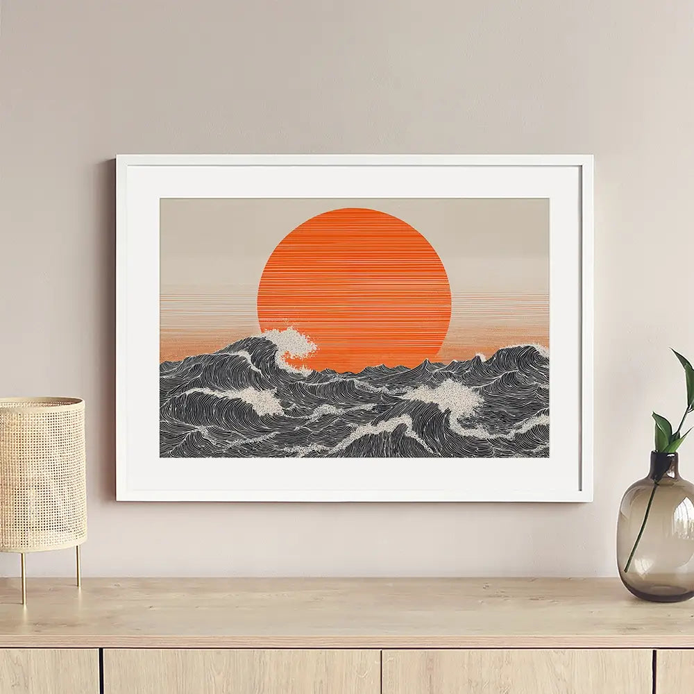 Orange Moon And The Waves Framed Art Print Orange Moon And The Waves Framed Art Print wall art product IAmHomeStudio