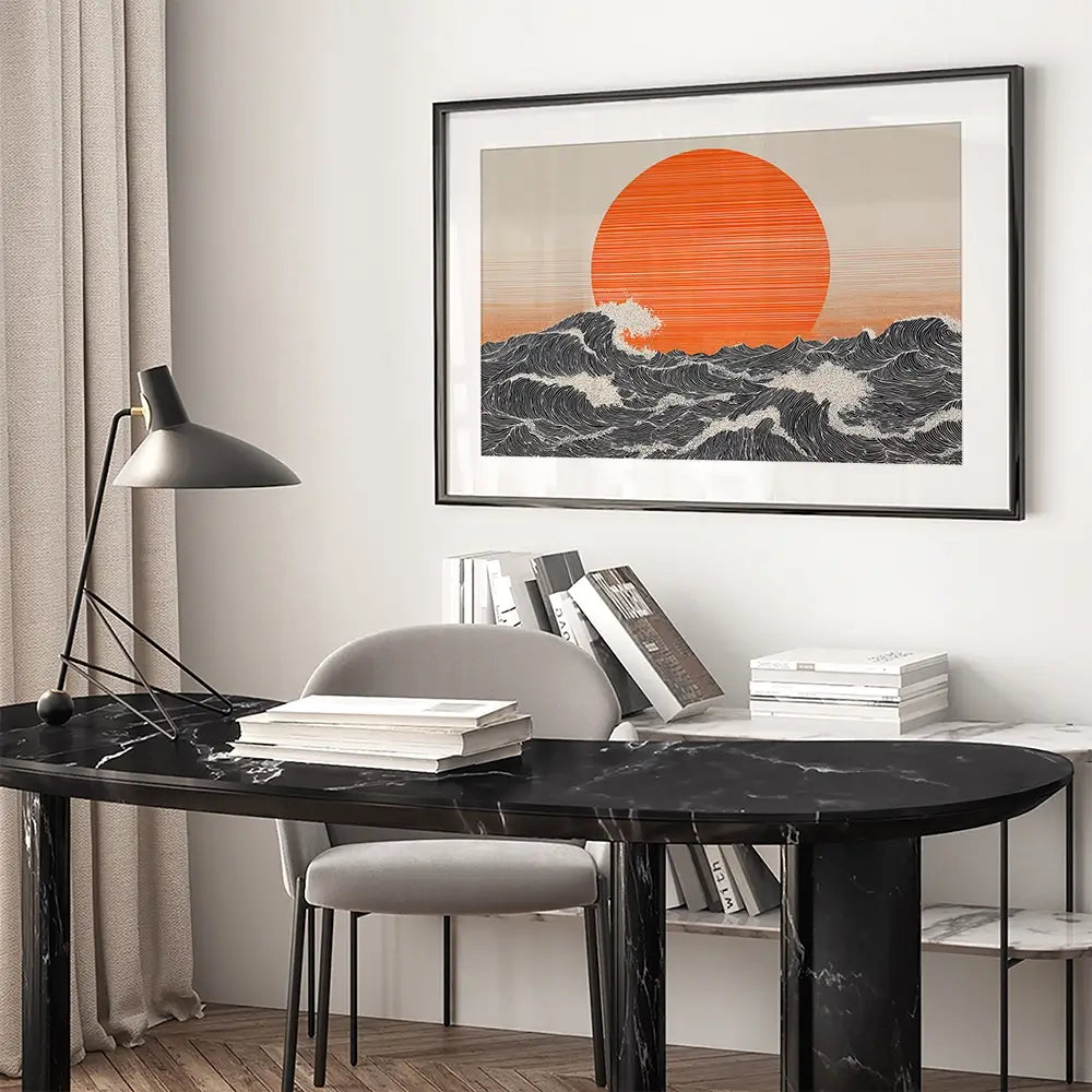 Orange Moon And The Waves Framed Art Print Orange Moon And The Waves Framed Art Print wall art product IAmHomeStudio