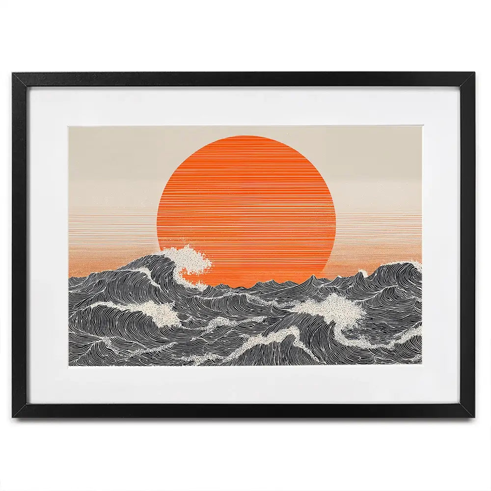 Orange Moon And The Waves Framed Art Print Orange Moon And The Waves Framed Art Print wall art product IAmHomeStudio