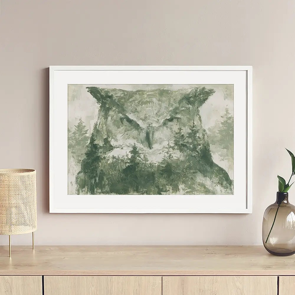 Owl And The Pine Forest Framed Art Print Owl And The Pine Forest Framed Art Print wall art product Chromatic Storm Studio