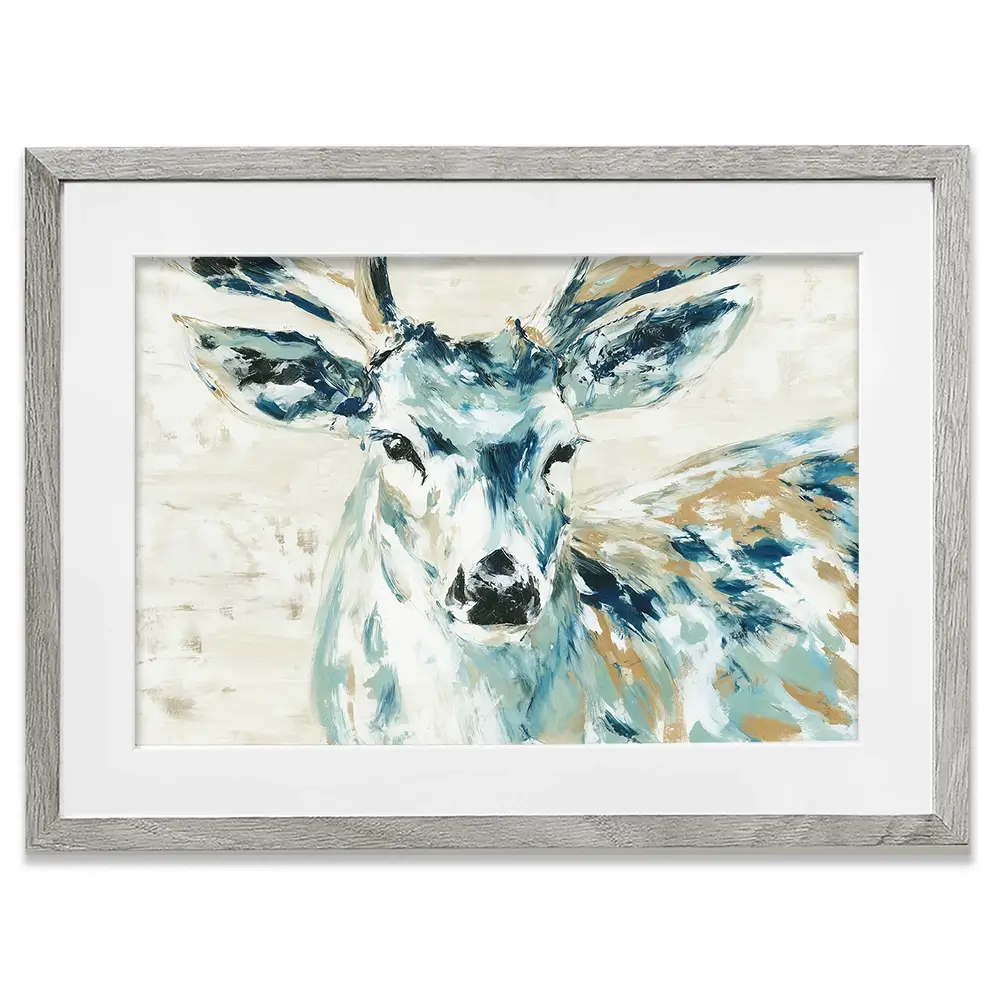 Painted Buck With Patchwork Antlers Framed Art Print Painted Buck With Patchwork Antlers Framed Art Print wall art product Chromatic Storm Studio