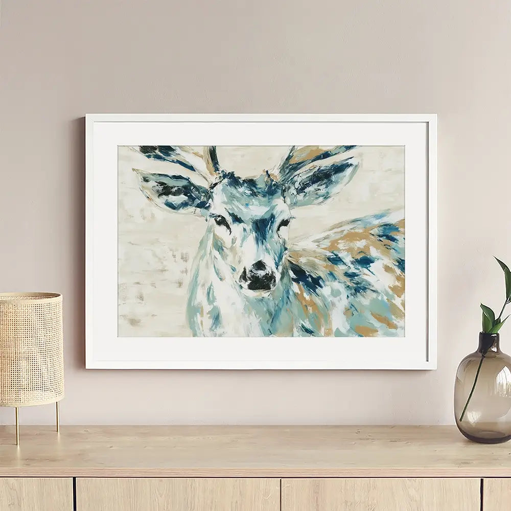 Painted Buck With Patchwork Antlers Framed Art Print Painted Buck With Patchwork Antlers Framed Art Print wall art product Chromatic Storm Studio