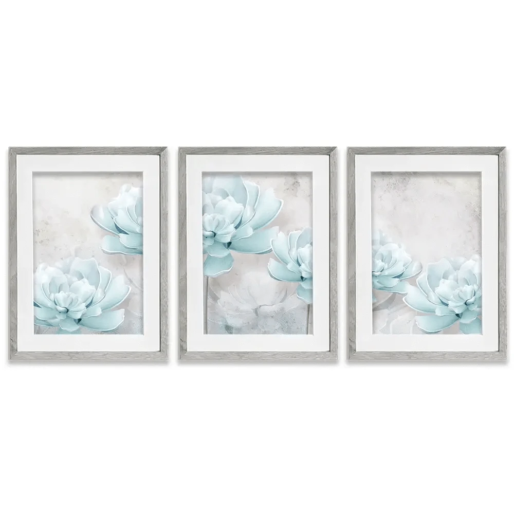 Pale Blue Floral Framed Art Print Trio Pale Blue Floral Framed Art Print Trio wall art product FLOWER 3D / Shutterstock