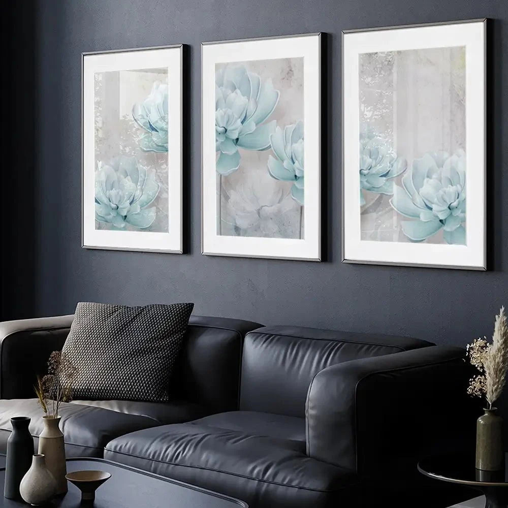 Pale Blue Floral Framed Art Print Trio Pale Blue Floral Framed Art Print Trio wall art product FLOWER 3D / Shutterstock