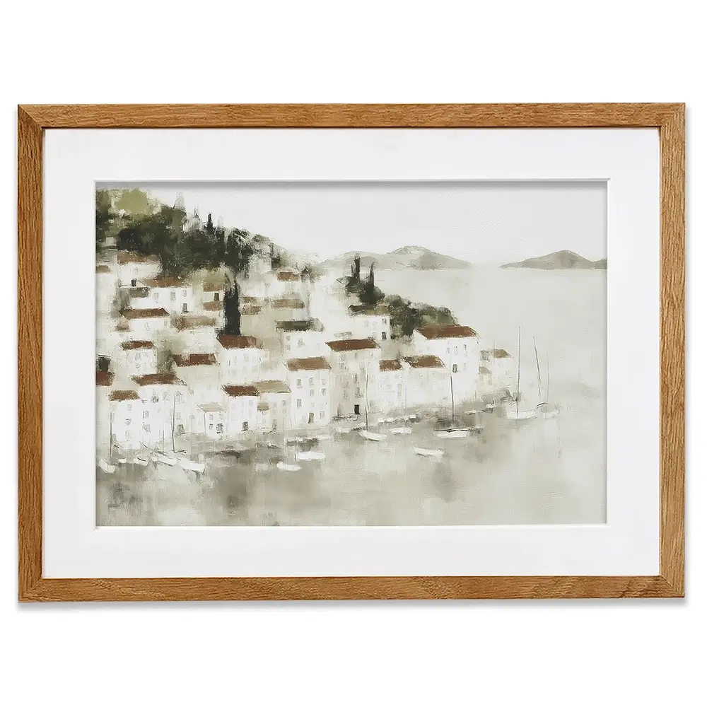 Pale Coastal Village Framed Art Print Pale Coastal Village Framed Art Print wall art product Chromatic Storm Studio