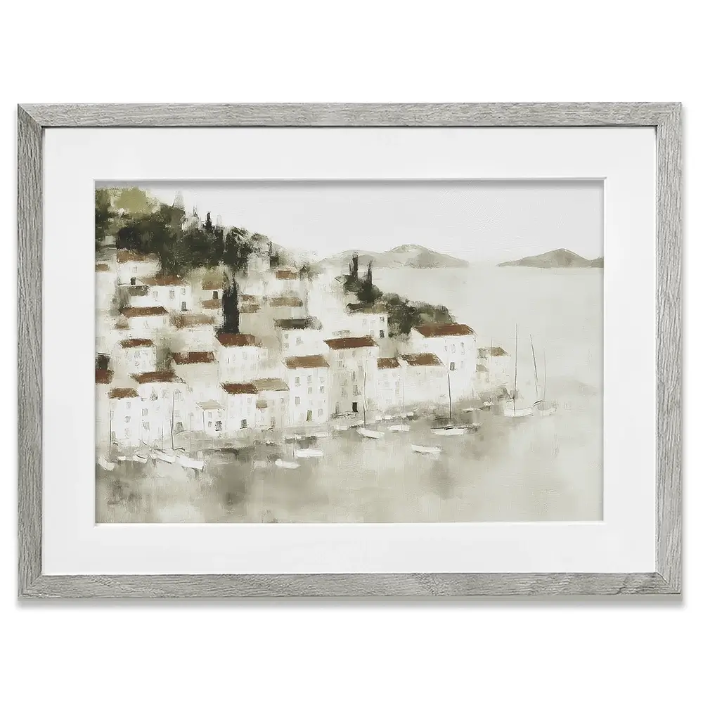 Pale Coastal Village Framed Art Print Pale Coastal Village Framed Art Print wall art product Chromatic Storm Studio