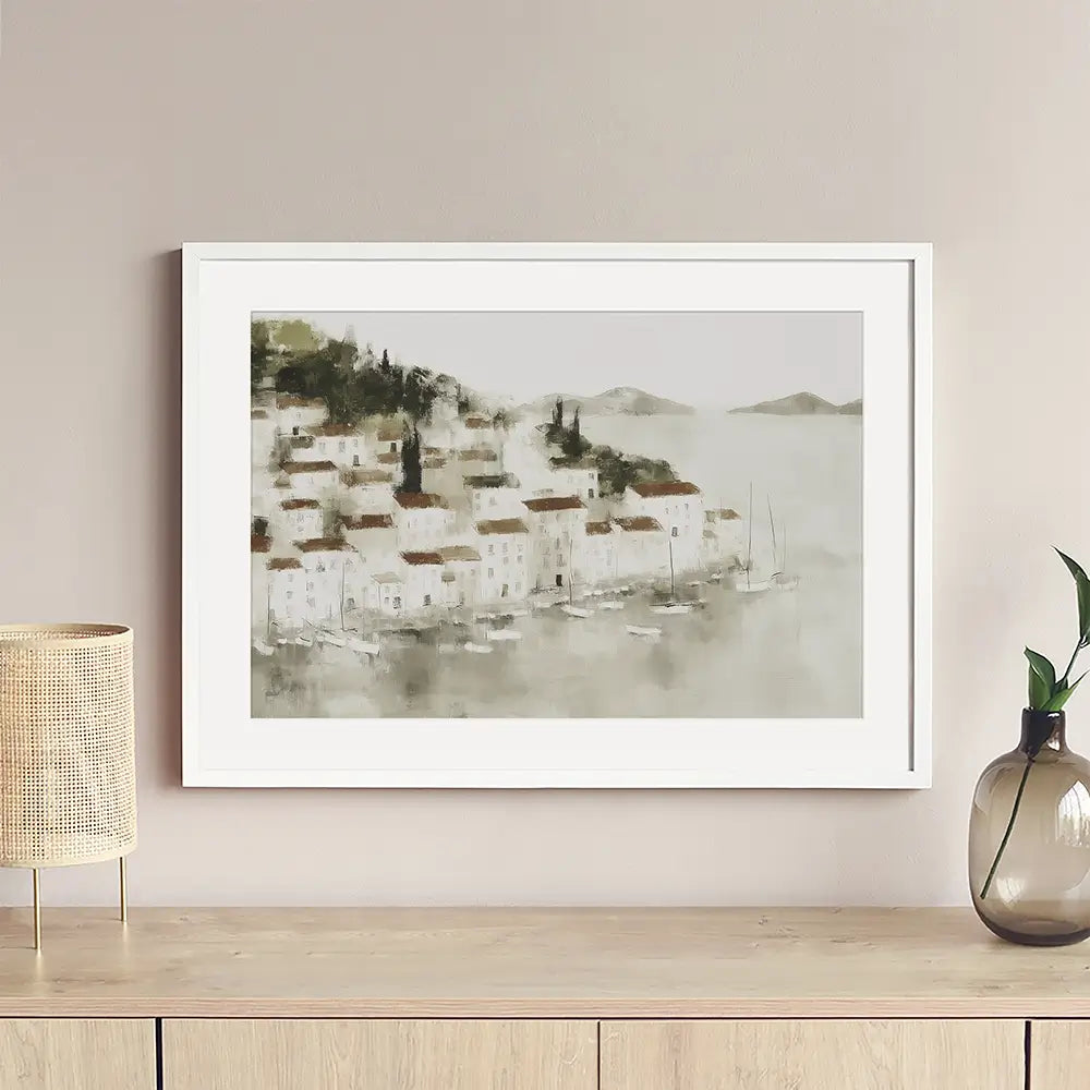 Pale Coastal Village Framed Art Print Pale Coastal Village Framed Art Print wall art product Chromatic Storm Studio