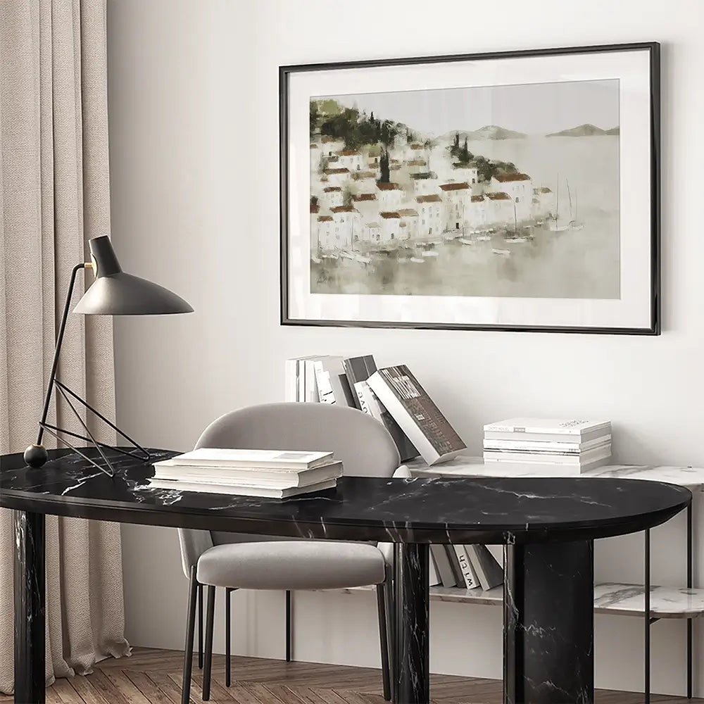 Pale Coastal Village Framed Art Print Pale Coastal Village Framed Art Print wall art product Chromatic Storm Studio