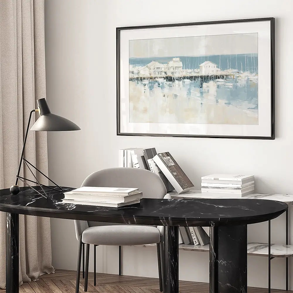 Pale Harbour Of Clapboard Houses Framed Art Print Pale Harbour Of Clapboard Houses Framed Art Print wall art product Chromatic Storm Studio