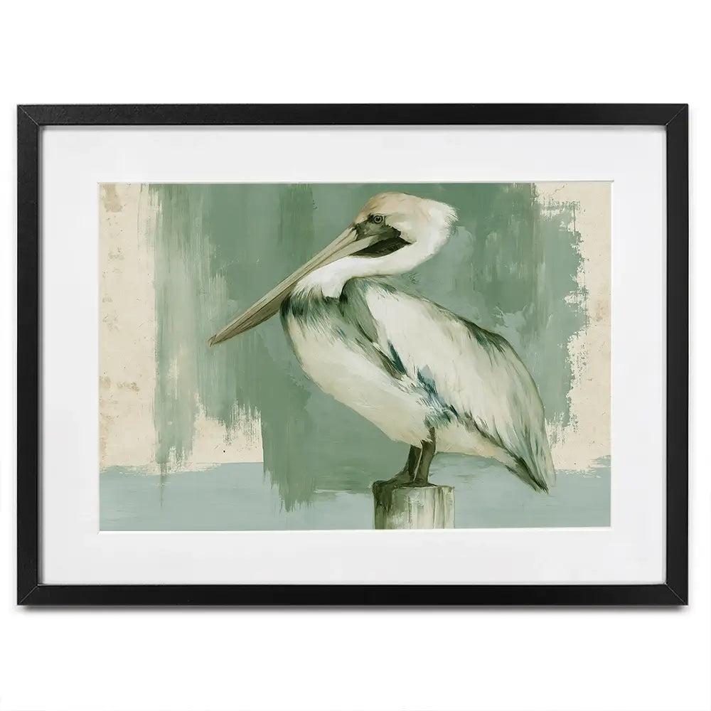 Pelican On A Post Framed Art Print Pelican On A Post Framed Art Print wall art product Chromatic Storm Studio
