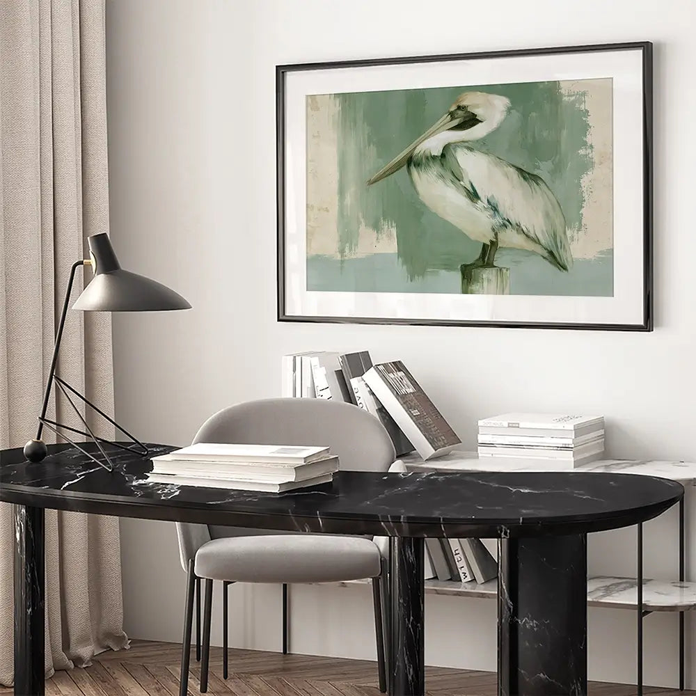 Pelican On A Post Framed Art Print Pelican On A Post Framed Art Print wall art product Chromatic Storm Studio