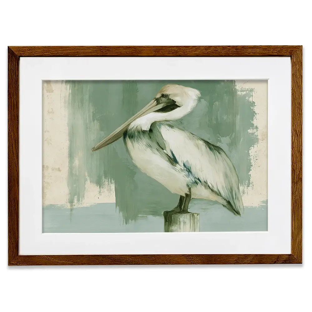 Pelican On A Post Framed Art Print Pelican On A Post Framed Art Print wall art product Chromatic Storm Studio