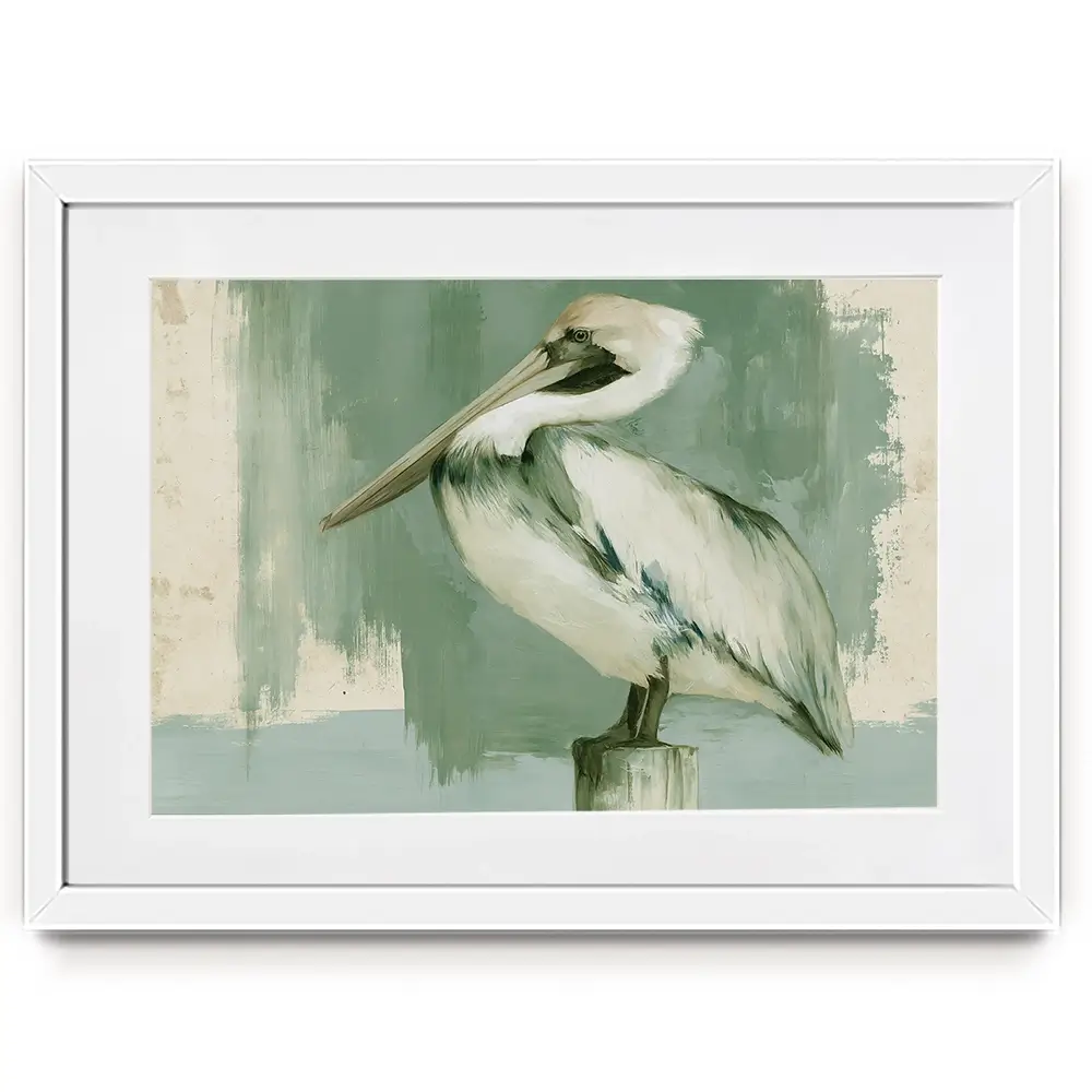 Pelican On A Post Framed Art Print Pelican On A Post Framed Art Print wall art product Chromatic Storm Studio