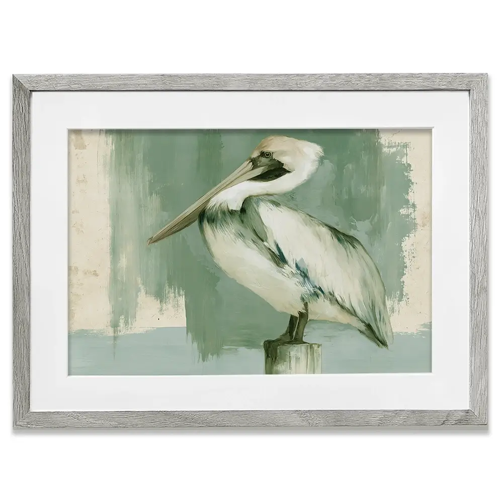 Pelican On A Post Framed Art Print Pelican On A Post Framed Art Print wall art product Chromatic Storm Studio