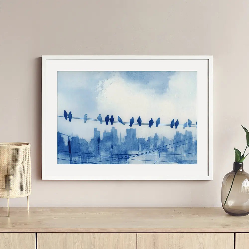 Pigeons Over New York Framed Art Print Pigeons Over New York Framed Art Print wall art product Chromatic Storm Studio